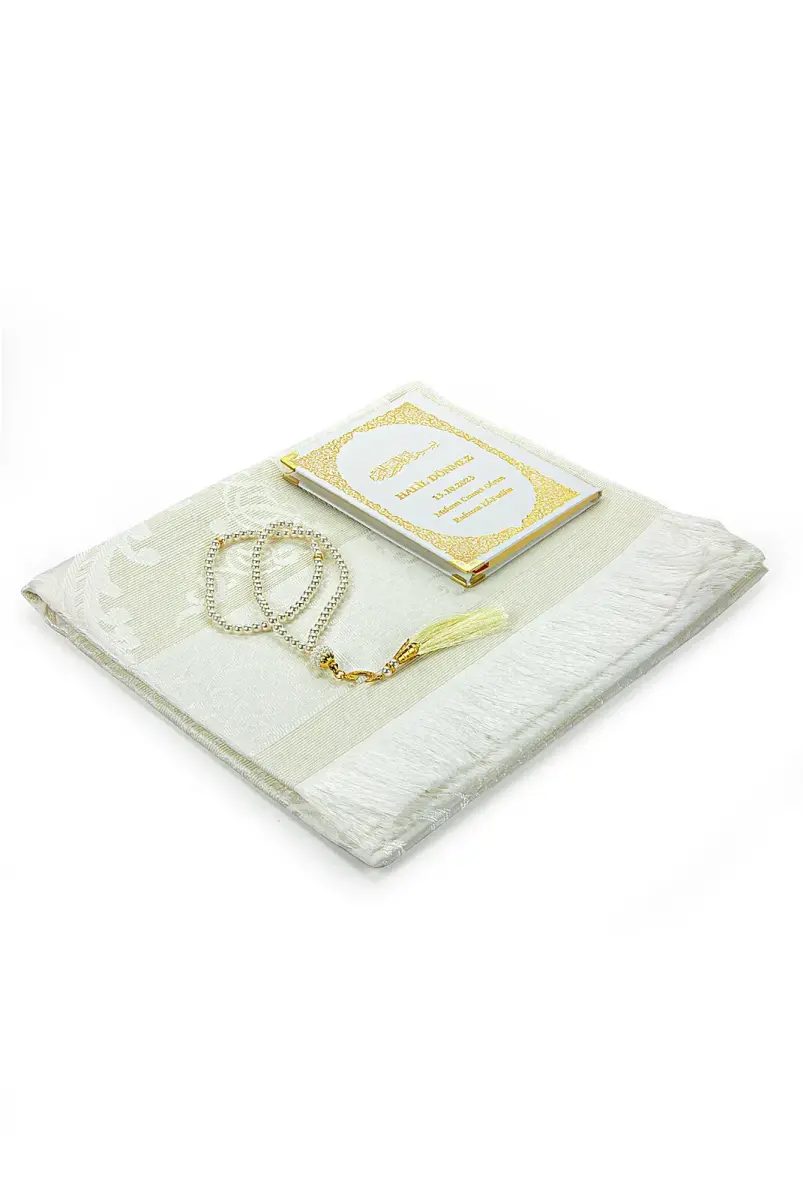 White 50 Name Printed Leather Bound Bag Size Yasin Book Prayer Mat Set Mevlit Gift - 4