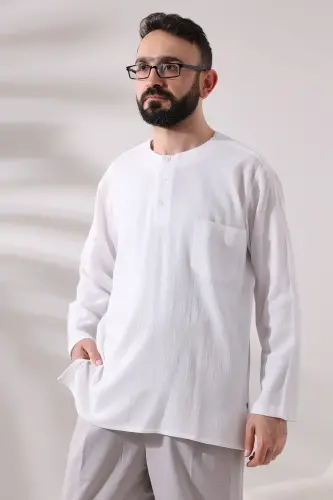 White Men's Comfortable Cut 3 Button Zero Collar Hajj and Umrah Sile Cloth Shirt - ihvanonline (1)