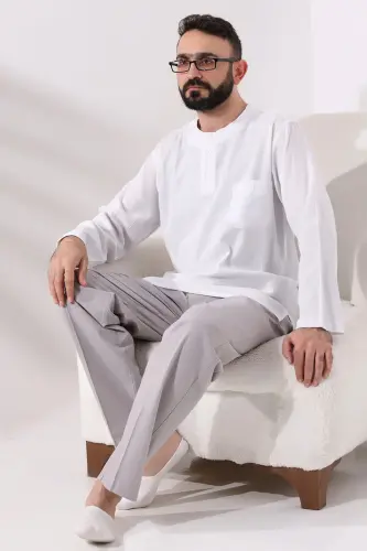 White Men's Comfortable Cut 3 Button Zero Collar Hajj and Umrah Sile Cloth Shirt - 6