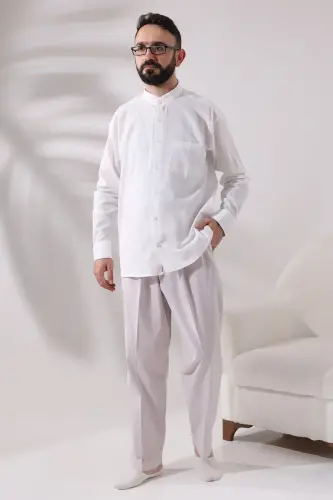 White Men's Loose Cut Single Pocket Judge Collar Hajj and Umrah Linen Shirt - ihvanonline (1)