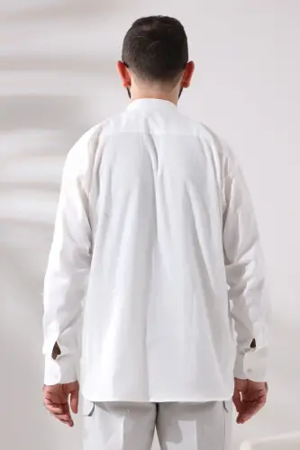 White Men's Relaxed Cut 3-Button Judge Collar Hajj and Umrah Linen Shirt - 4