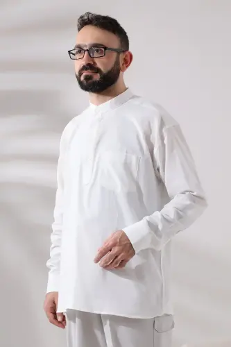 White Men's Relaxed Cut 3-Button Judge Collar Hajj and Umrah Linen Shirt - 5