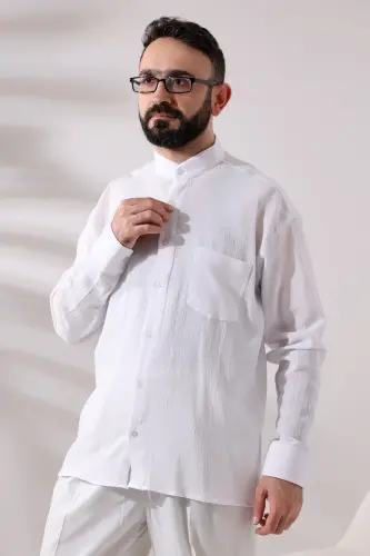 White Men's Relaxed Cut Collar Sile Cloth Hajj and Umrah Shirt - ihvanonline (1)