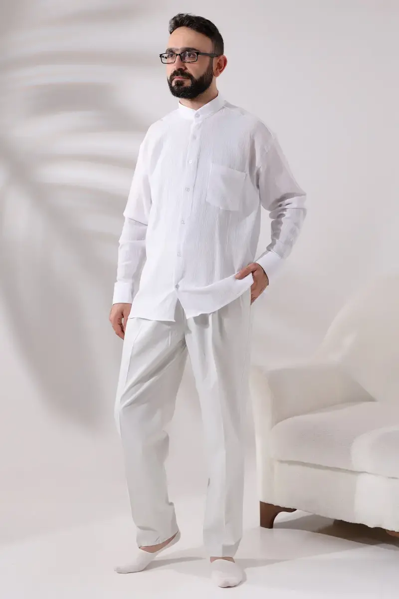 White Men's Relaxed Cut Collar Sile Cloth Hajj and Umrah Shirt - 4