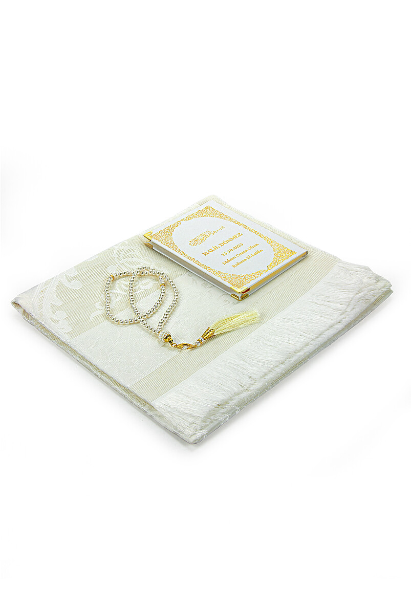 White Name Printed Leather Bound Bag Size Yasin Book Prayer Mat Set Mevlit Gift - 6