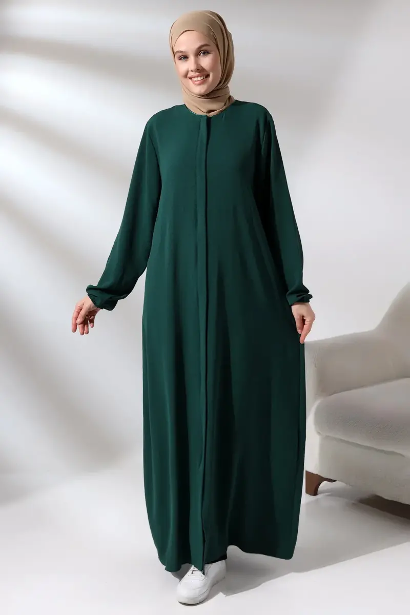 Women's Emerald Green Aerobin Hijab Abaya Dress with Hidden Zipper - 1