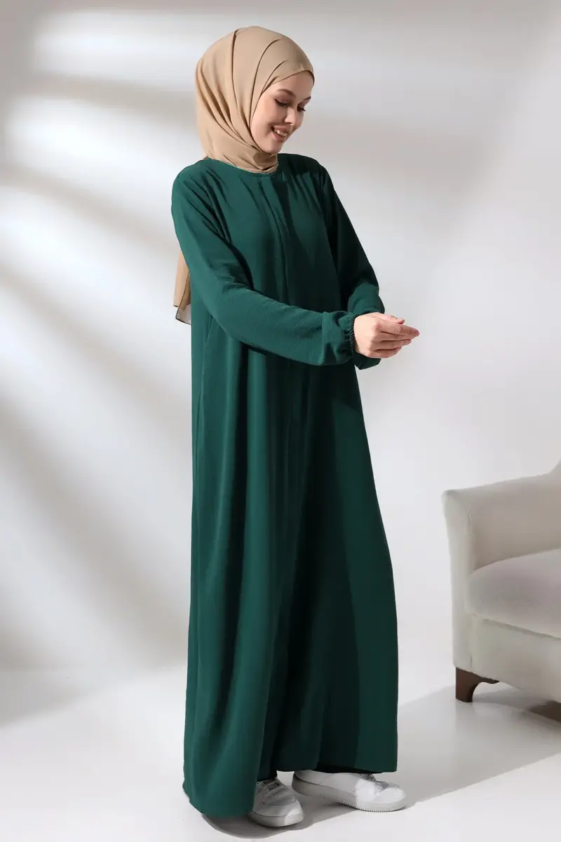Women's Emerald Green Aerobin Hijab Abaya Dress with Hidden Zipper - 4