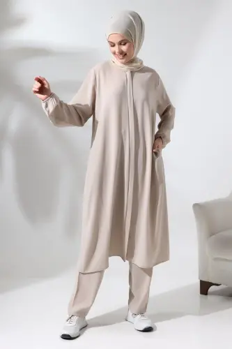 Women's Hajj and Umrah Clothing Hijab Double Set Cream - 4