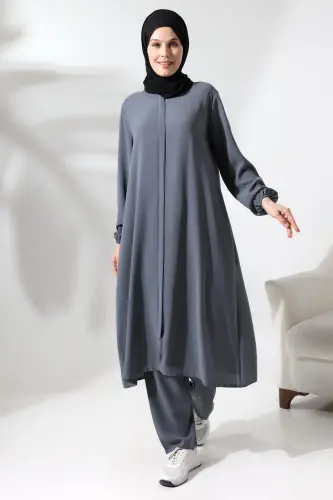 Women's Hajj and Umrah Clothing Hijab Double Set Gray - 4