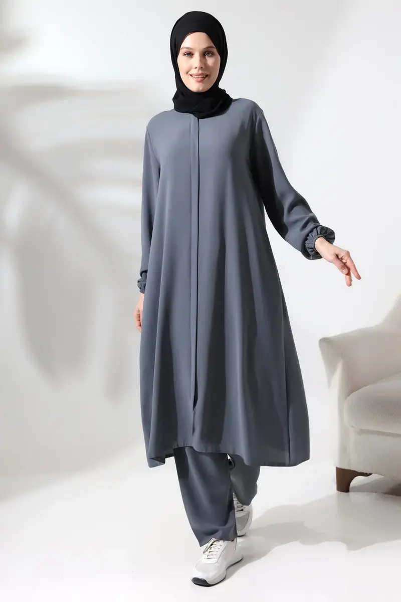 Women's Hajj and Umrah Clothing Hijab Double Set Gray - 4