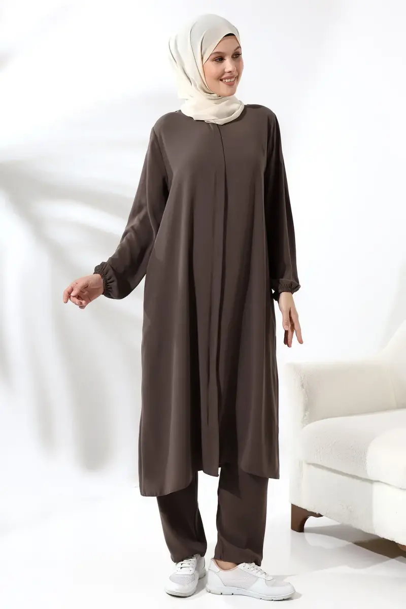 Women's Hajj and Umrah Clothing Hijab Double Set Milky Brown - 2