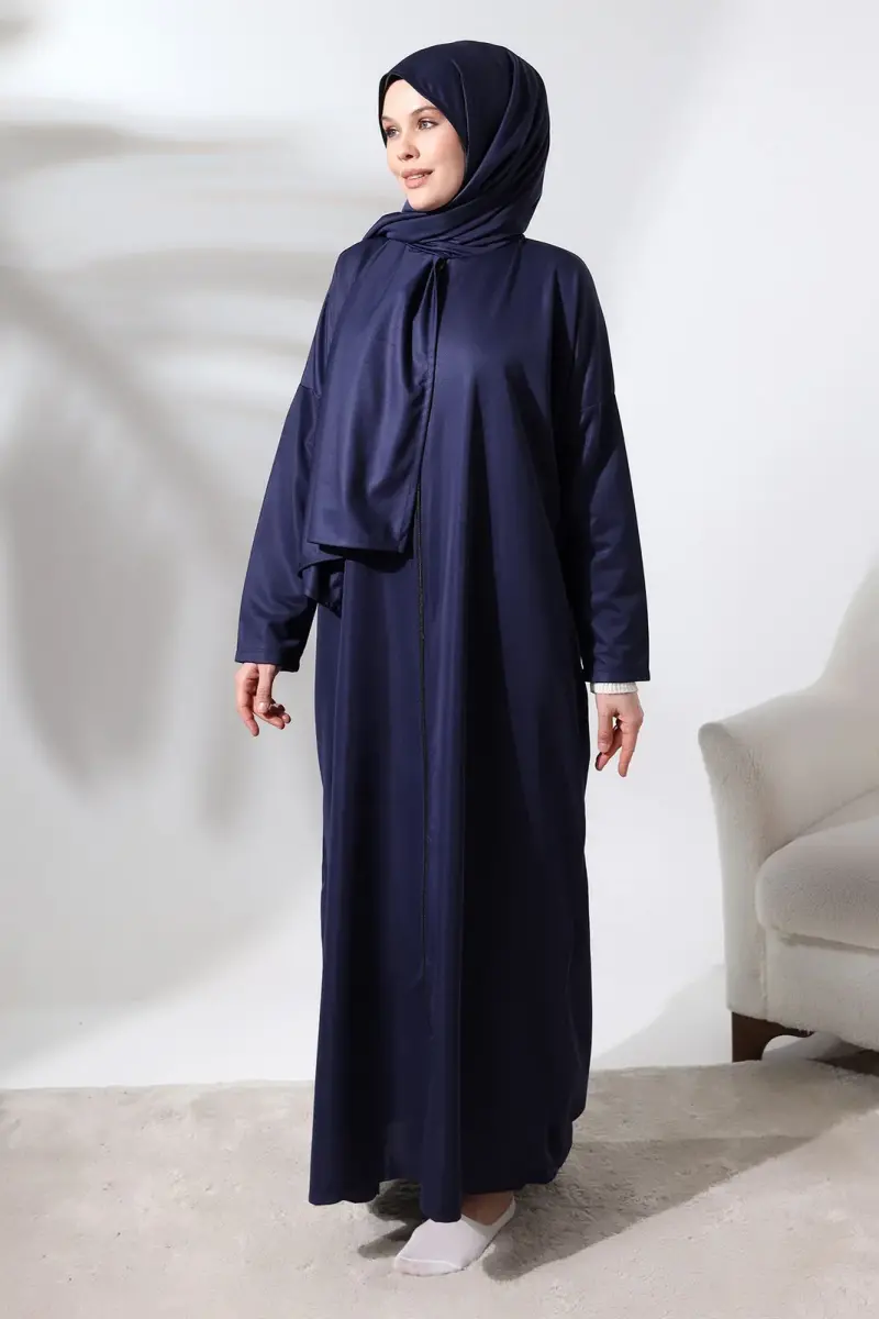 Women's One Piece Zippered Prayer Dress with Headscarf Navy Blue - 1
