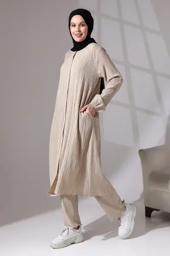 Women's Wrapped Fabric Hidden Zipper Double Set Hajj Umrah Outfit Beige - 2