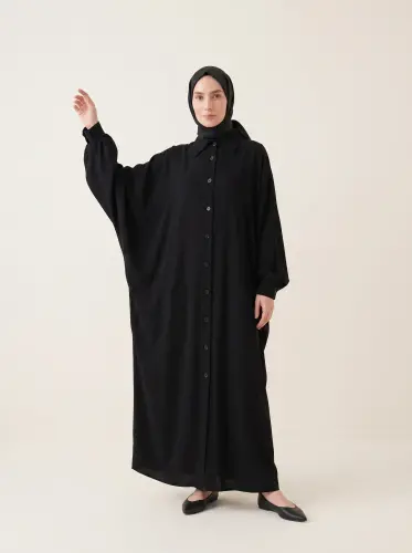Yarasa Kol Ferace Gömlek Yaka Düğmeli Manşetli Cepli Siyah 9559-26 - Beyza (1)