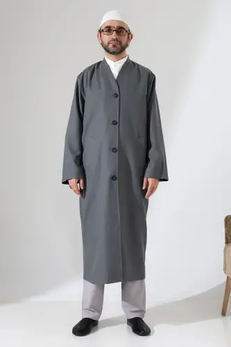 Yarım Astarlı Düğmeli Cepli Buhara Yaka Erkek Cübbe - Antrasit - 1