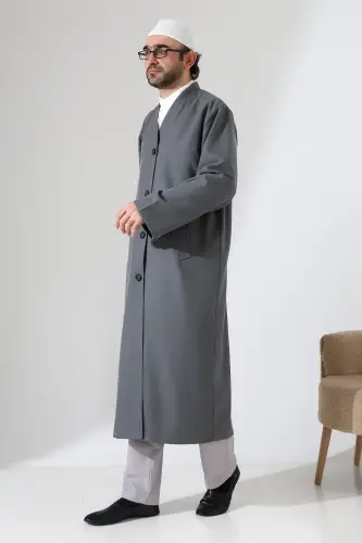 Yarım Astarlı Düğmeli Cepli Buhara Yaka Erkek Cübbe - Antrasit - ihvanonline (1)