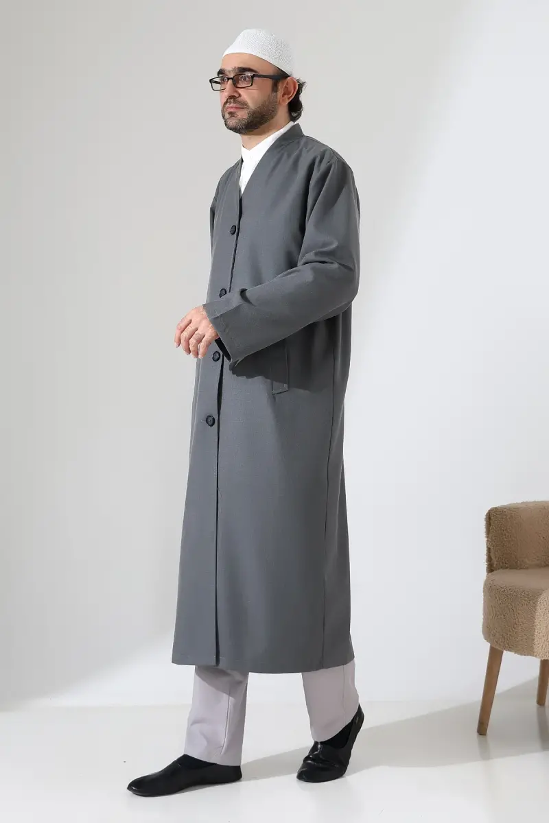 Yarım Astarlı Düğmeli Cepli Buhara Yaka Erkek Cübbe - Antrasit - 2