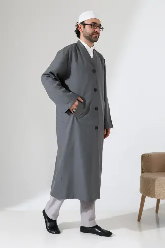 Yarım Astarlı Düğmeli Cepli Buhara Yaka Erkek Cübbe - Antrasit - 3