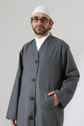 Yarım Astarlı Düğmeli Cepli Buhara Yaka Erkek Cübbe - Antrasit - 4