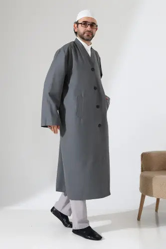 Yarım Astarlı Düğmeli Cepli Buhara Yaka Erkek Cübbe - Antrasit - 6