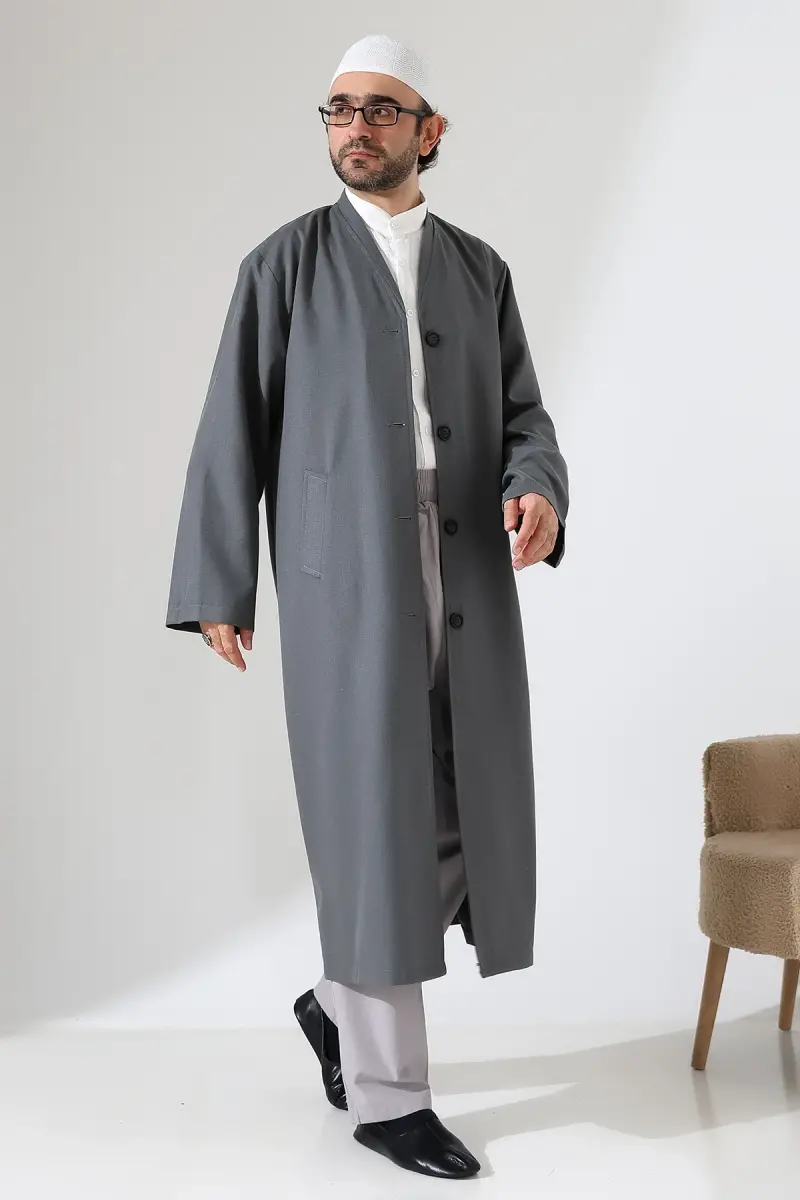 Yarım Astarlı Düğmeli Cepli Buhara Yaka Erkek Cübbe - Antrasit - 7