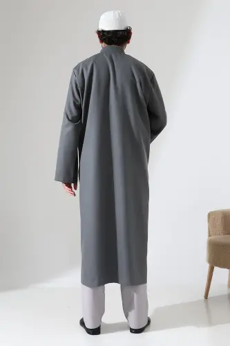 Yarım Astarlı Düğmeli Cepli Buhara Yaka Erkek Cübbe - Antrasit - 8