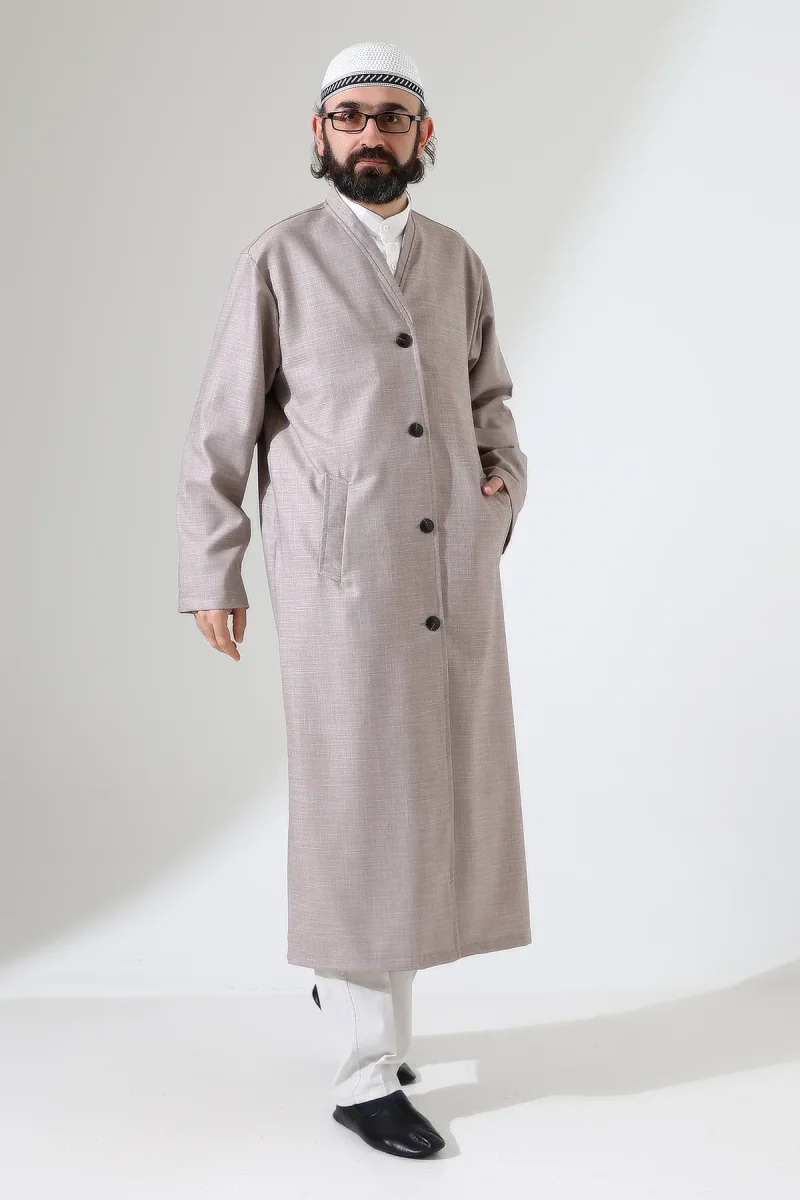 Yarım Astarlı Düğmeli Cepli Buhara Yaka Erkek Cübbe - Bej - 1