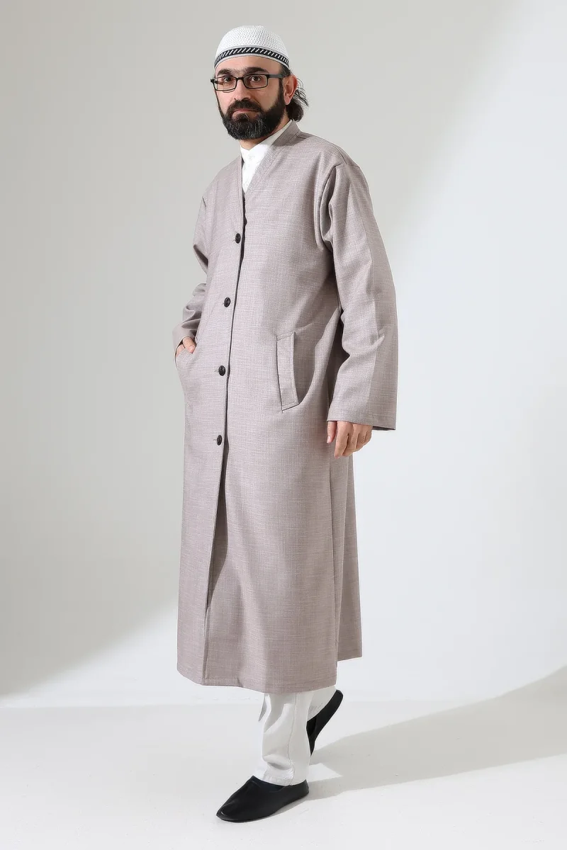 Yarım Astarlı Düğmeli Cepli Buhara Yaka Erkek Cübbe - Bej - 2