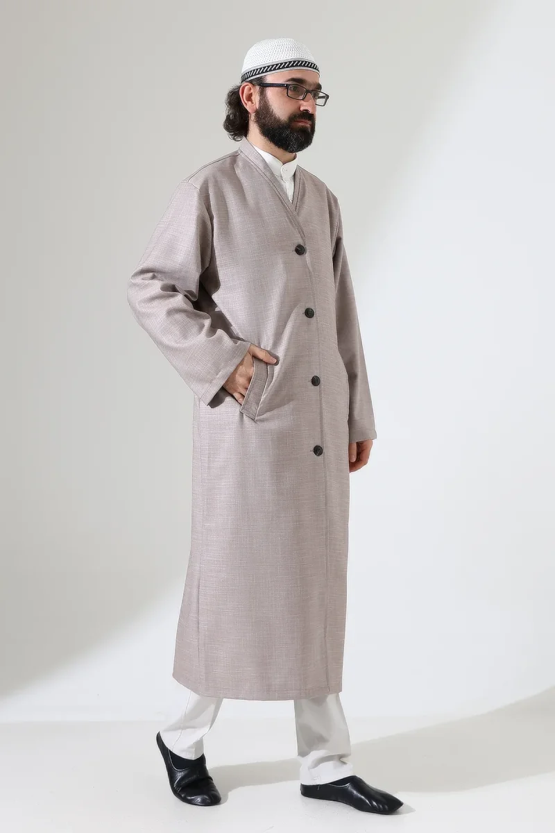 Yarım Astarlı Düğmeli Cepli Buhara Yaka Erkek Cübbe - Bej - 3