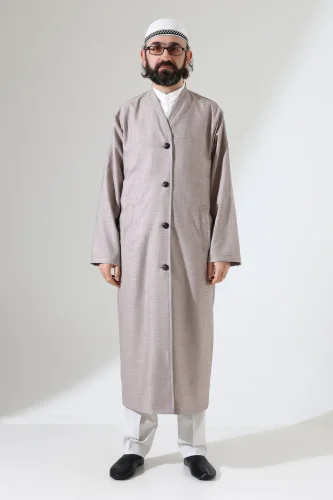 Yarım Astarlı Düğmeli Cepli Buhara Yaka Erkek Cübbe - Bej - 4