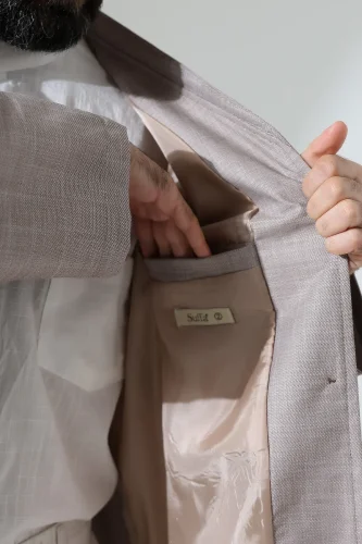 Yarım Astarlı Düğmeli Cepli Buhara Yaka Erkek Cübbe - Bej - 5