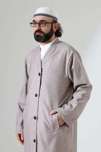 Yarım Astarlı Düğmeli Cepli Buhara Yaka Erkek Cübbe - Bej - 6