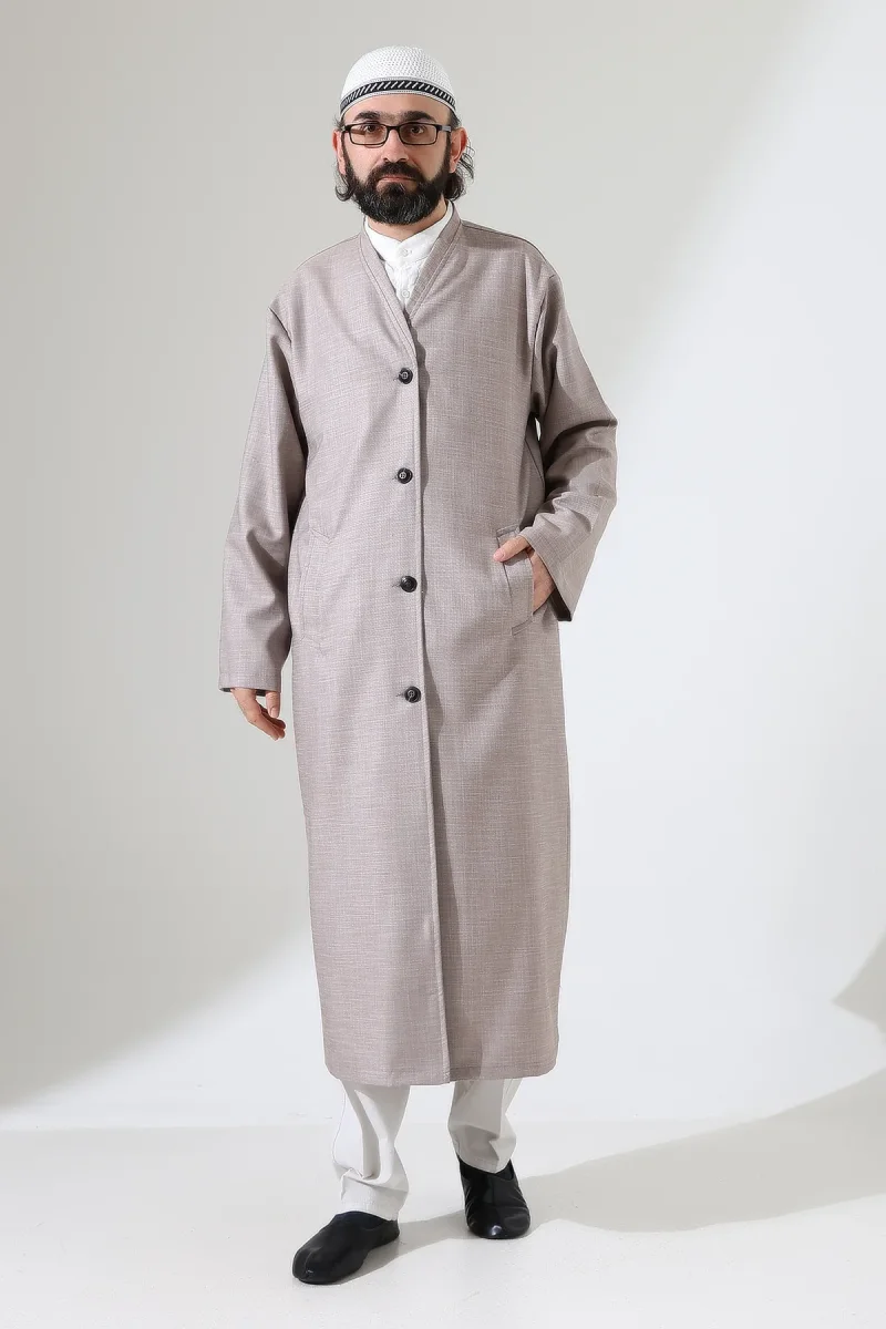 Yarım Astarlı Düğmeli Cepli Buhara Yaka Erkek Cübbe - Bej - 7