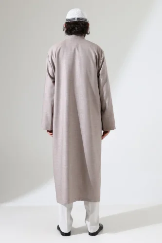 Yarım Astarlı Düğmeli Cepli Buhara Yaka Erkek Cübbe - Bej - 8