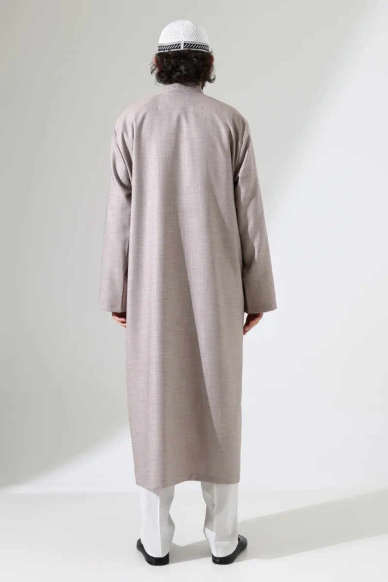 Yarım Astarlı Düğmeli Cepli Buhara Yaka Erkek Cübbe - Bej - 8