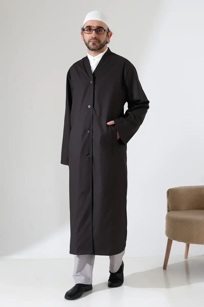 Yarım Astarlı Düğmeli Cepli Buhara Yaka Erkek Cübbe - Füme - 1