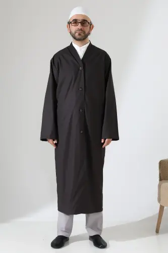Yarım Astarlı Düğmeli Cepli Buhara Yaka Erkek Cübbe - Füme - ihvanonline (1)