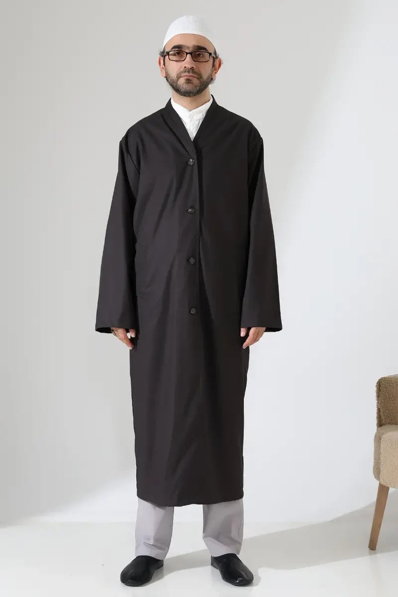 Yarım Astarlı Düğmeli Cepli Buhara Yaka Erkek Cübbe - Füme - 2