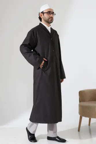 Yarım Astarlı Düğmeli Cepli Buhara Yaka Erkek Cübbe - Füme - 3