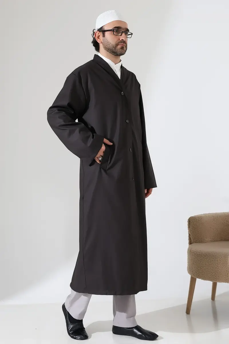 Yarım Astarlı Düğmeli Cepli Buhara Yaka Erkek Cübbe - Füme - 3