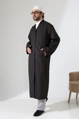 Yarım Astarlı Düğmeli Cepli Buhara Yaka Erkek Cübbe - Füme - 4