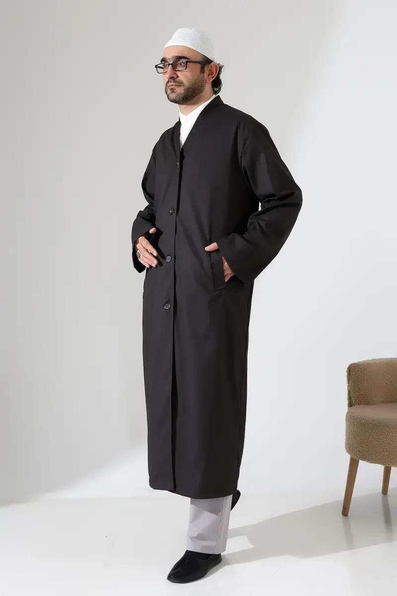 Yarım Astarlı Düğmeli Cepli Buhara Yaka Erkek Cübbe - Füme - 4