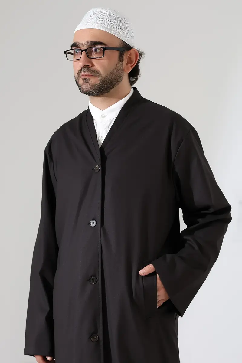 Yarım Astarlı Düğmeli Cepli Buhara Yaka Erkek Cübbe - Füme - 5