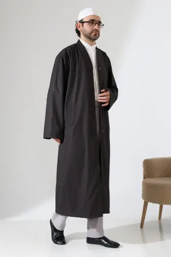 Yarım Astarlı Düğmeli Cepli Buhara Yaka Erkek Cübbe - Füme - 7