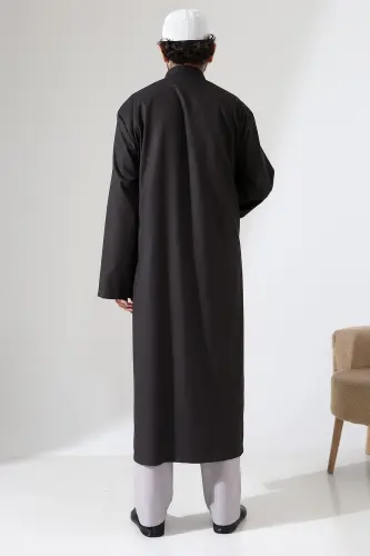 Yarım Astarlı Düğmeli Cepli Buhara Yaka Erkek Cübbe - Füme - 8