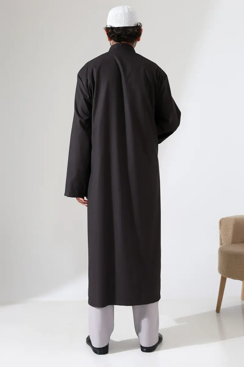 Yarım Astarlı Düğmeli Cepli Buhara Yaka Erkek Cübbe - Füme - 8