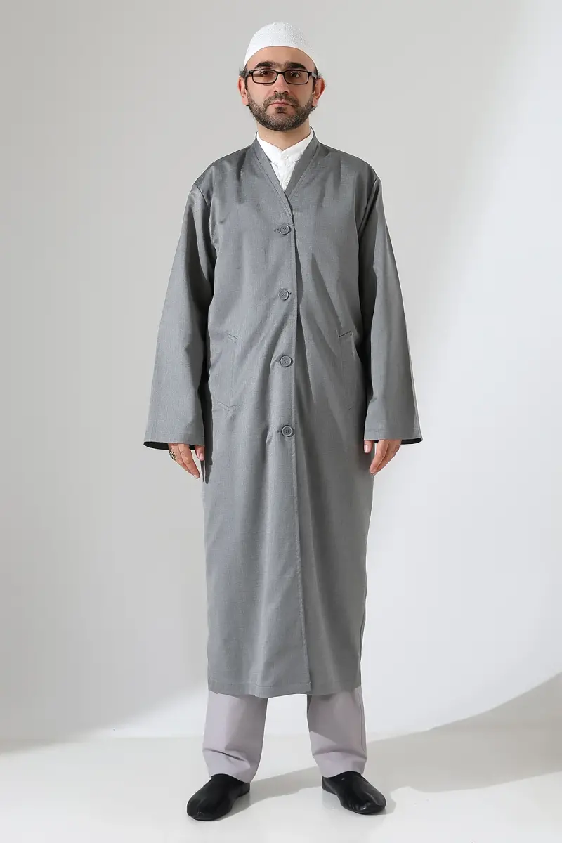 Yarım Astarlı Düğmeli Cepli Buhara Yaka Erkek Cübbe - Gri - 1