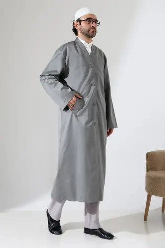 Yarım Astarlı Düğmeli Cepli Buhara Yaka Erkek Cübbe - Gri - ihvanonline (1)