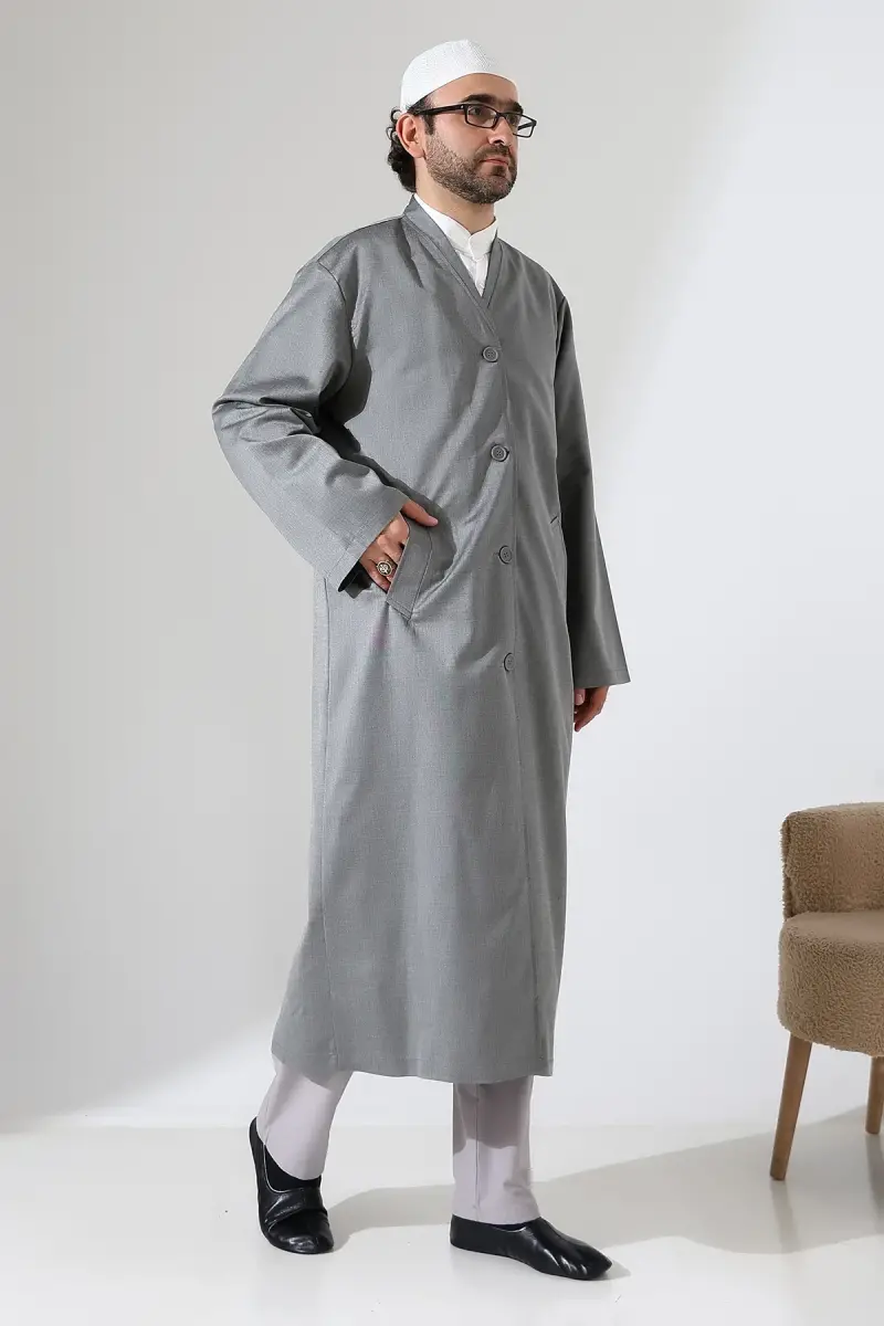 Yarım Astarlı Düğmeli Cepli Buhara Yaka Erkek Cübbe - Gri - 2