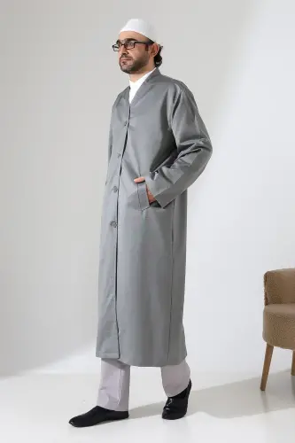 Yarım Astarlı Düğmeli Cepli Buhara Yaka Erkek Cübbe - Gri - 3